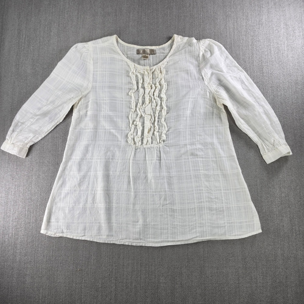 Bitten‎ Ruffle Blouse Womens M White Plaid 3/4 Sleeve Sarah Jessica Parker Top